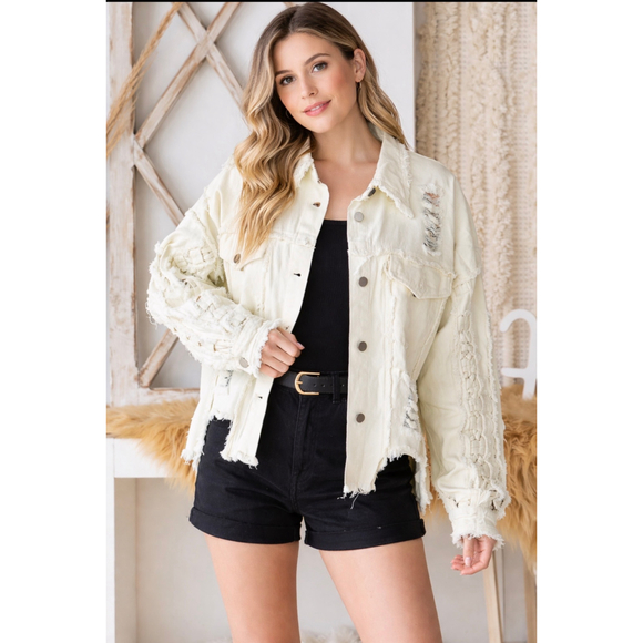 Women's Oli & Hali Cream Distressed Jean Jacket L - Picture 4 of 8
